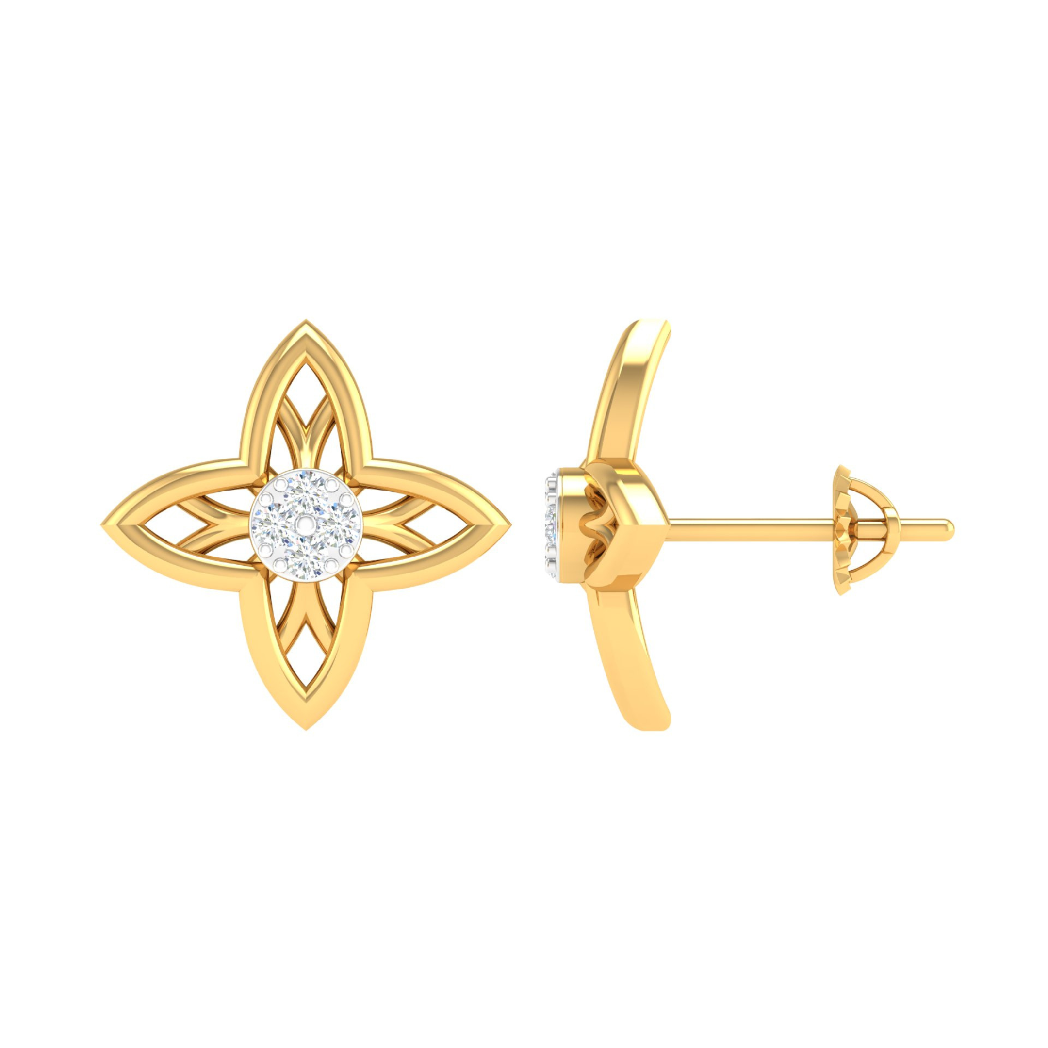 18KT YELLOW GOLD PANSY REAL DIAMOND EARRINGS