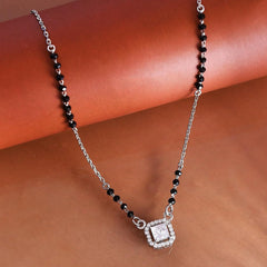 925 Sterling Silver Square Round CZ Mangalsutra with Link Chain For Women