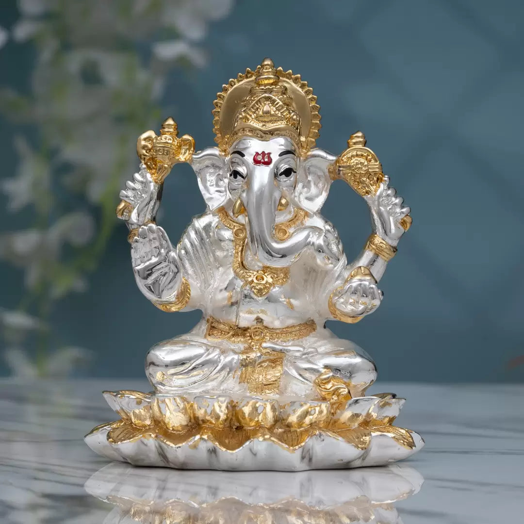 999 Gold & Silver Plated Ganeshji on Lotus idols| Ganpati Bappa Hindu God| Ganesh Idols/Murti