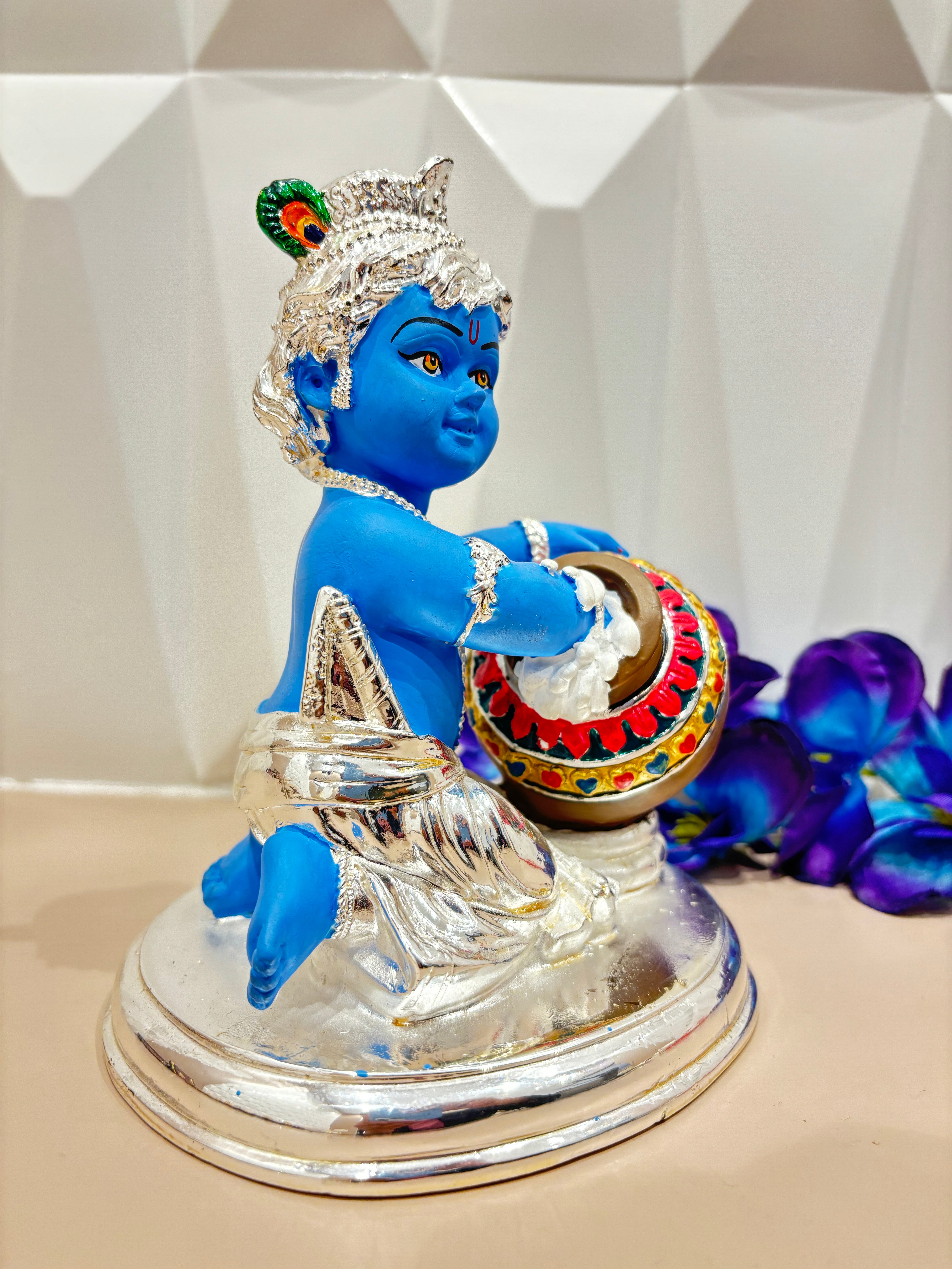 Pure 999 Silver Coated Lord Krishna Idol, Handcrafted Laddu Gopal Murti, Baby Krishna Statue for Home Decor.