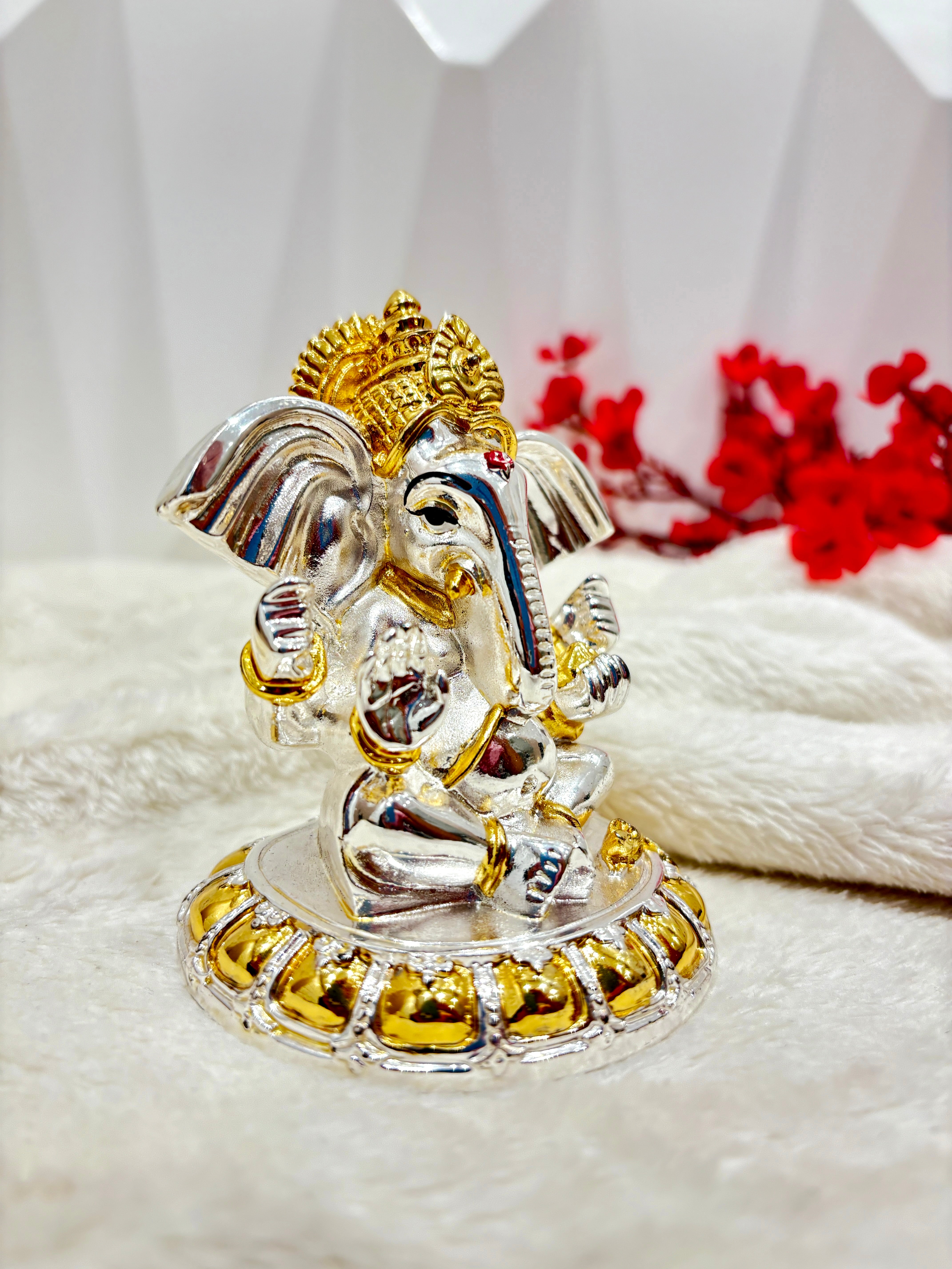 999 Silver-Gold Plated Lord Ganesha Sitting on Aasan Murti for Home Decor and Temple