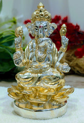 Pure Gold Coated Ganesh Murti Sitting on Lotus | Lakhsmi Ganesh Idol for Home Office Pooja Diwali House Warming Gift