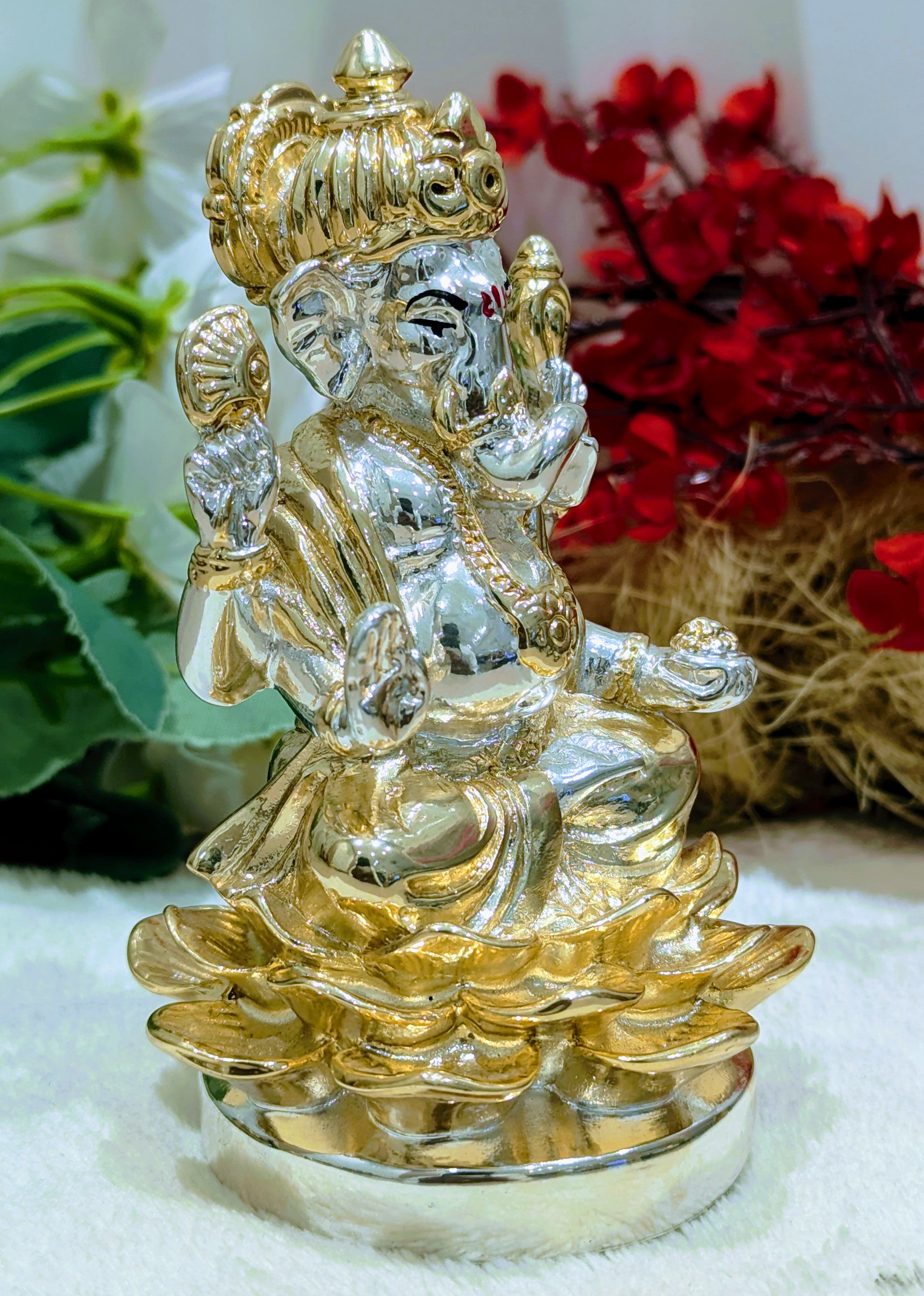 Pure Gold Coated Ganesh Murti Sitting on Lotus | Lakhsmi Ganesh Idol for Home Office Pooja Diwali House Warming Gift