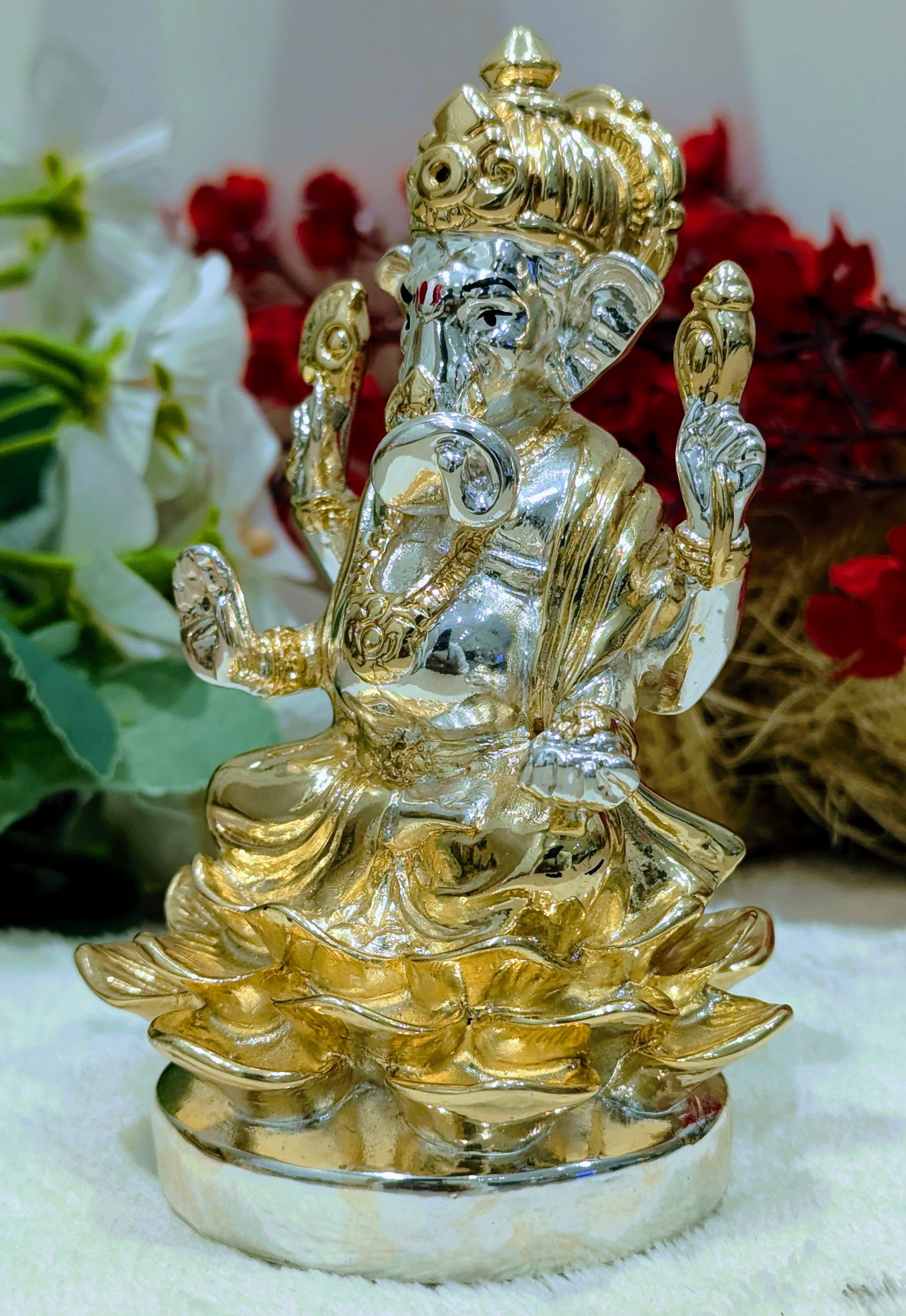 Pure Gold Coated Ganesh Murti Sitting on Lotus | Lakhsmi Ganesh Idol for Home Office Pooja Diwali House Warming Gift