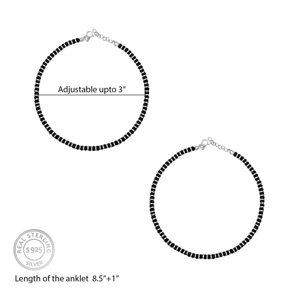 Pure Sterling Silver Anklets with Black Beads Crystals for Women 92.5 Pure Silver Anklets With (9 inch + Extension)