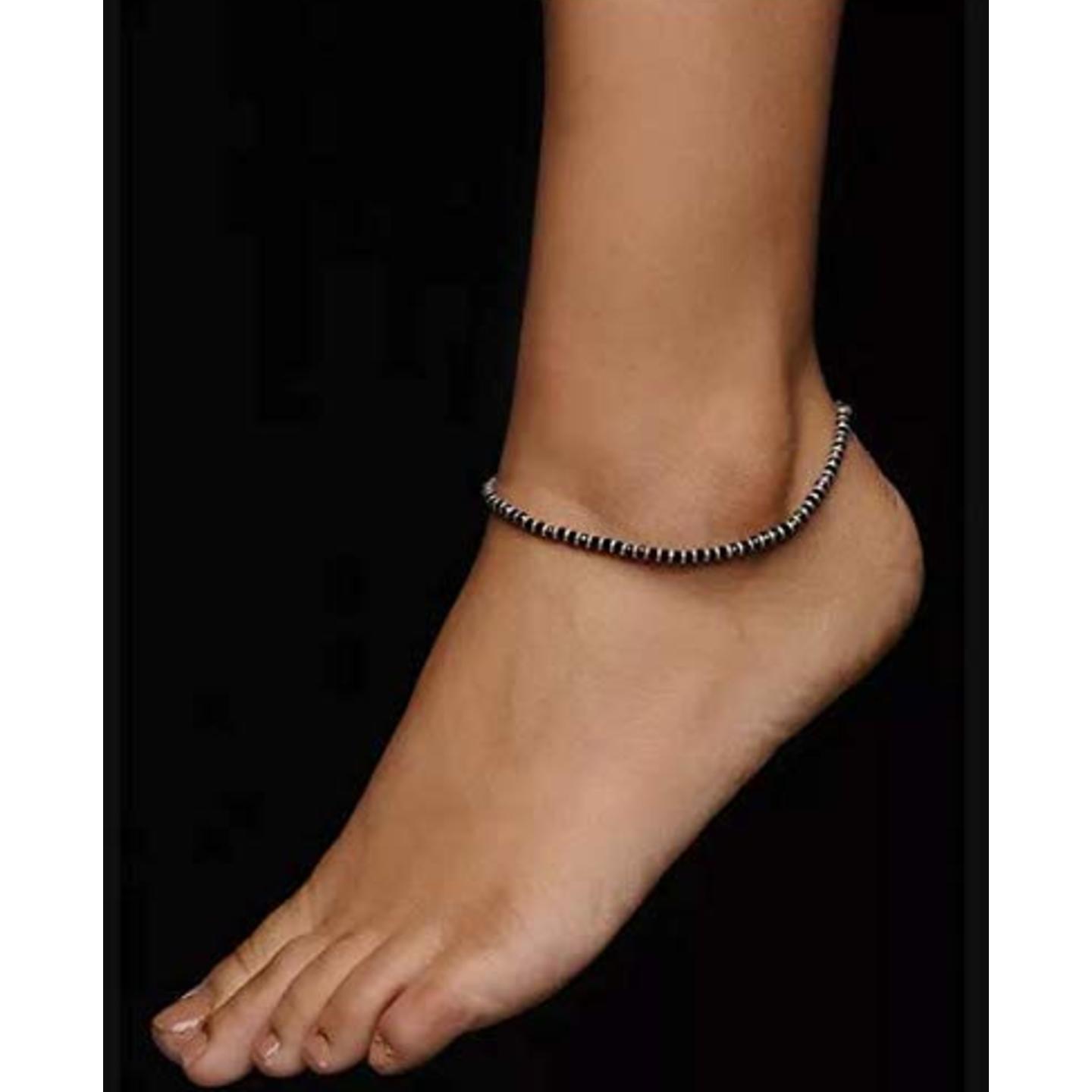 Pure Sterling Silver Anklets with Black Beads Crystals for Women 92.5 Pure Silver Anklets With (9 inch + Extension)