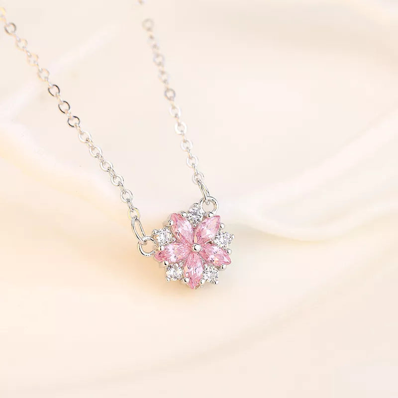 Sterling Silver Pink Zircon Flower Pendant with Link Chain