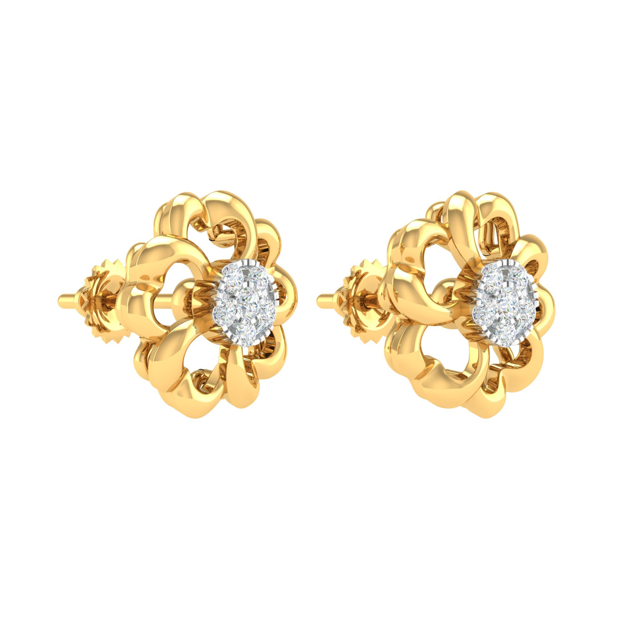 18KT YELLOW GOLD FLOWER REAL DIAMOND EARRINGS