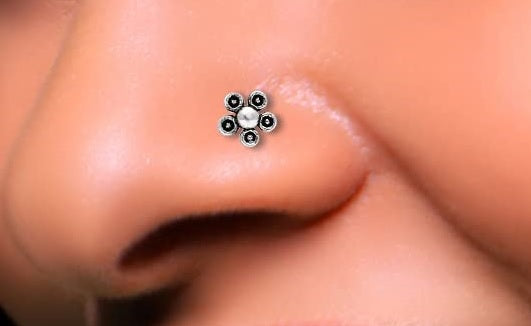 925 sterling Silver Trendy Antique oxidized nose pin for women and girl (Tiny Flower)